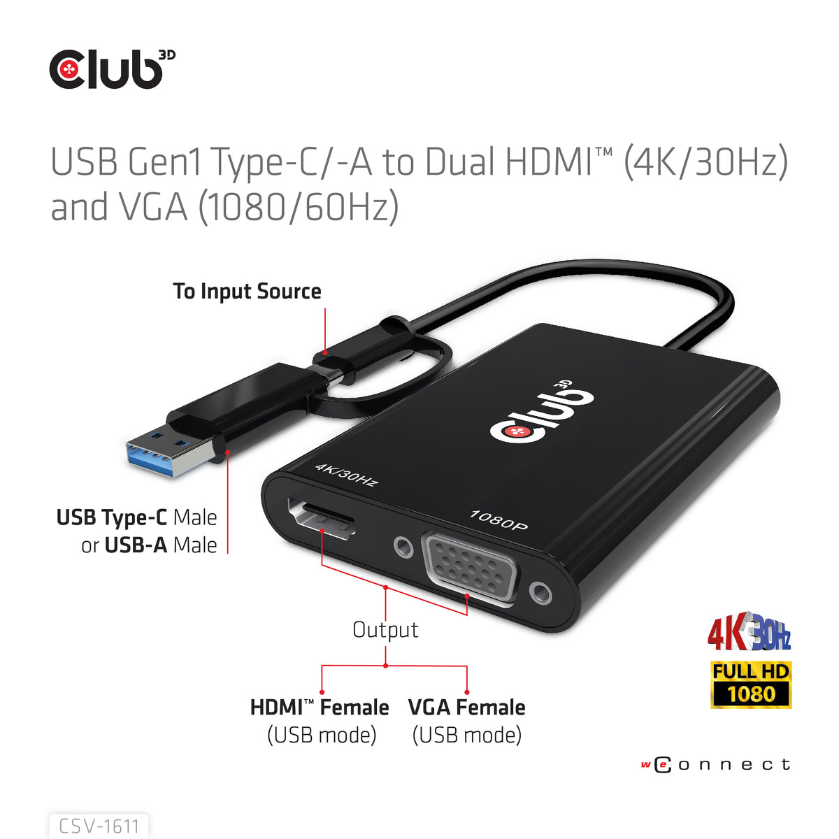 CLUB3D CSV-1611 Adaptateur Graphique USB 4K 3840 x 2160 pixels, Noir