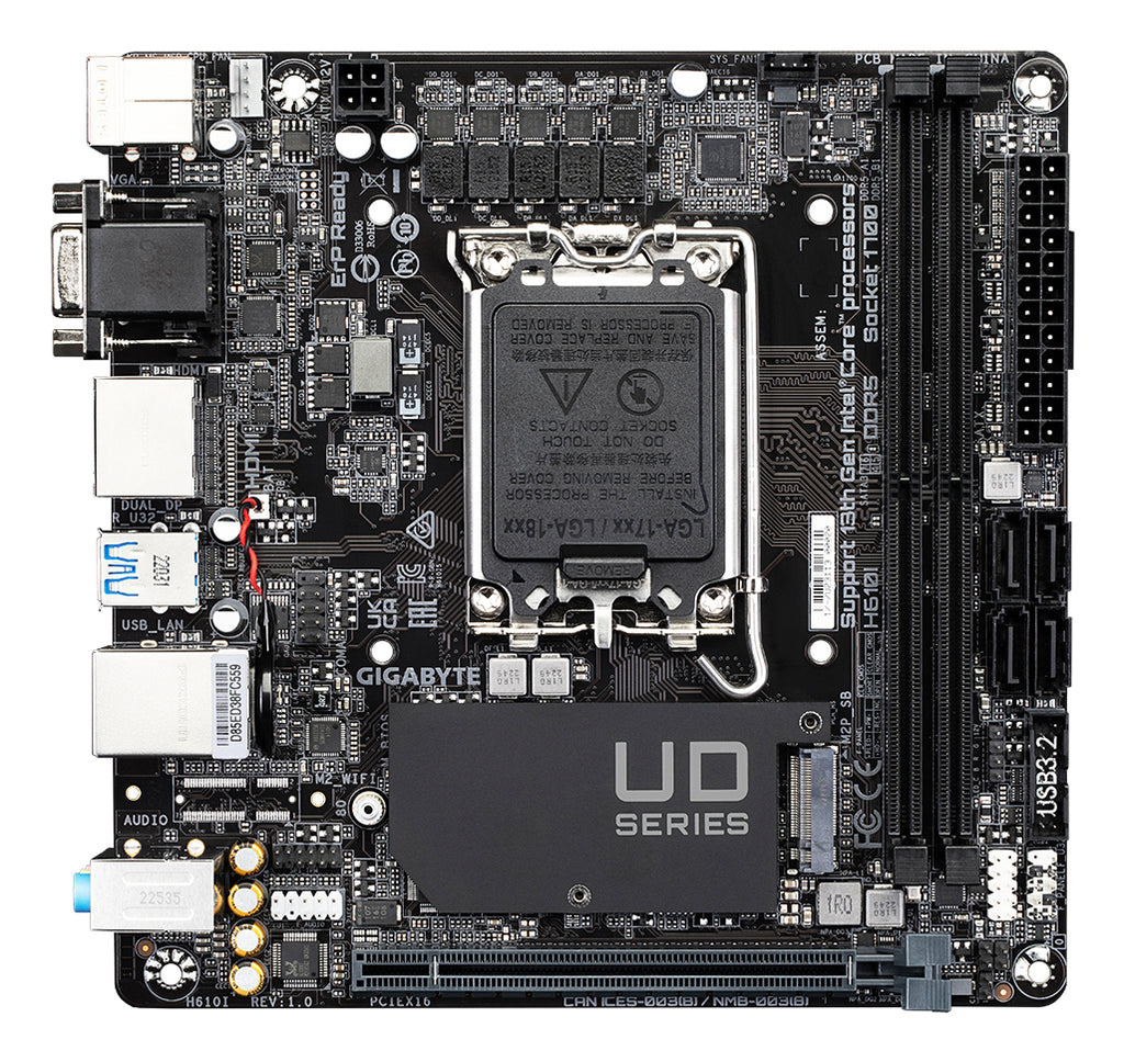 GIGABYTE H610I Carte mère - Prend en charge les processeurs Intel Core 14e génération, VRM numérique hybride 4+1+1, jusqu'à 5600MHz DDR5, 1xPCIe 3.0 M.2, LAN GbE, USB 3.2 Gen 1