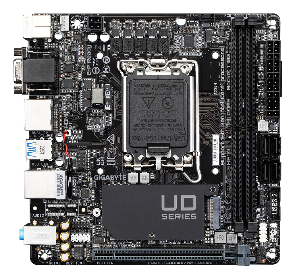 GIGABYTE H610I Carte mère - Prend en charge les processeurs Intel Core 14e génération, VRM numérique hybride 4+1+1, jusqu'à 5600MHz DDR5, 1xPCIe 3.0 M.2, LAN GbE, USB 3.2 Gen 1