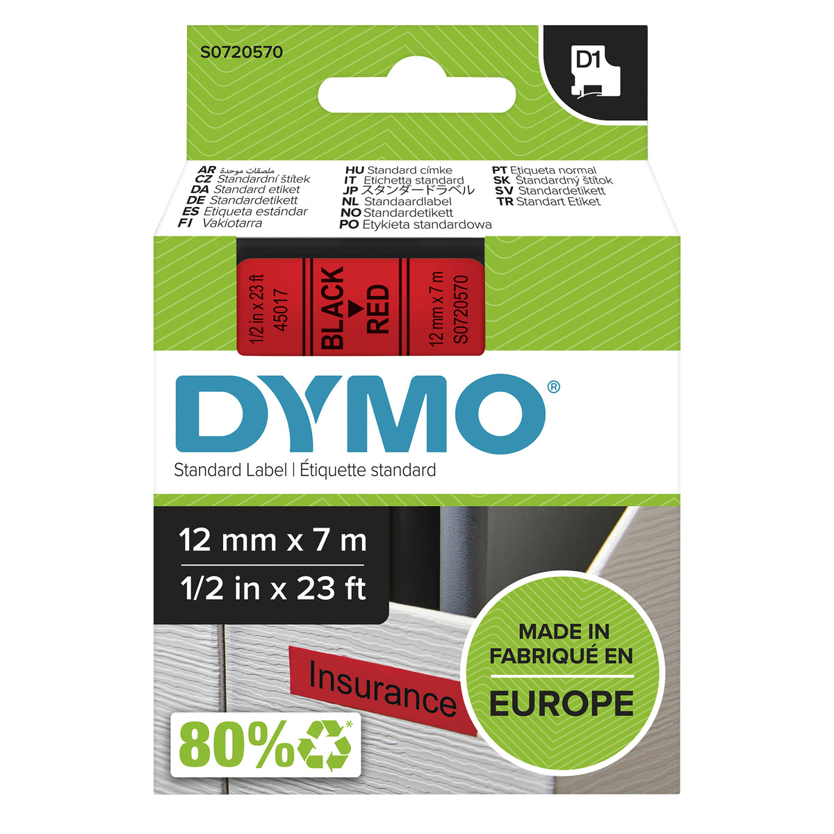 DYMO D1 étiquettes autocollantes authentiques | rouleau de 12 mm x 7 m | impression en noir sur fond rouge | pour étique
