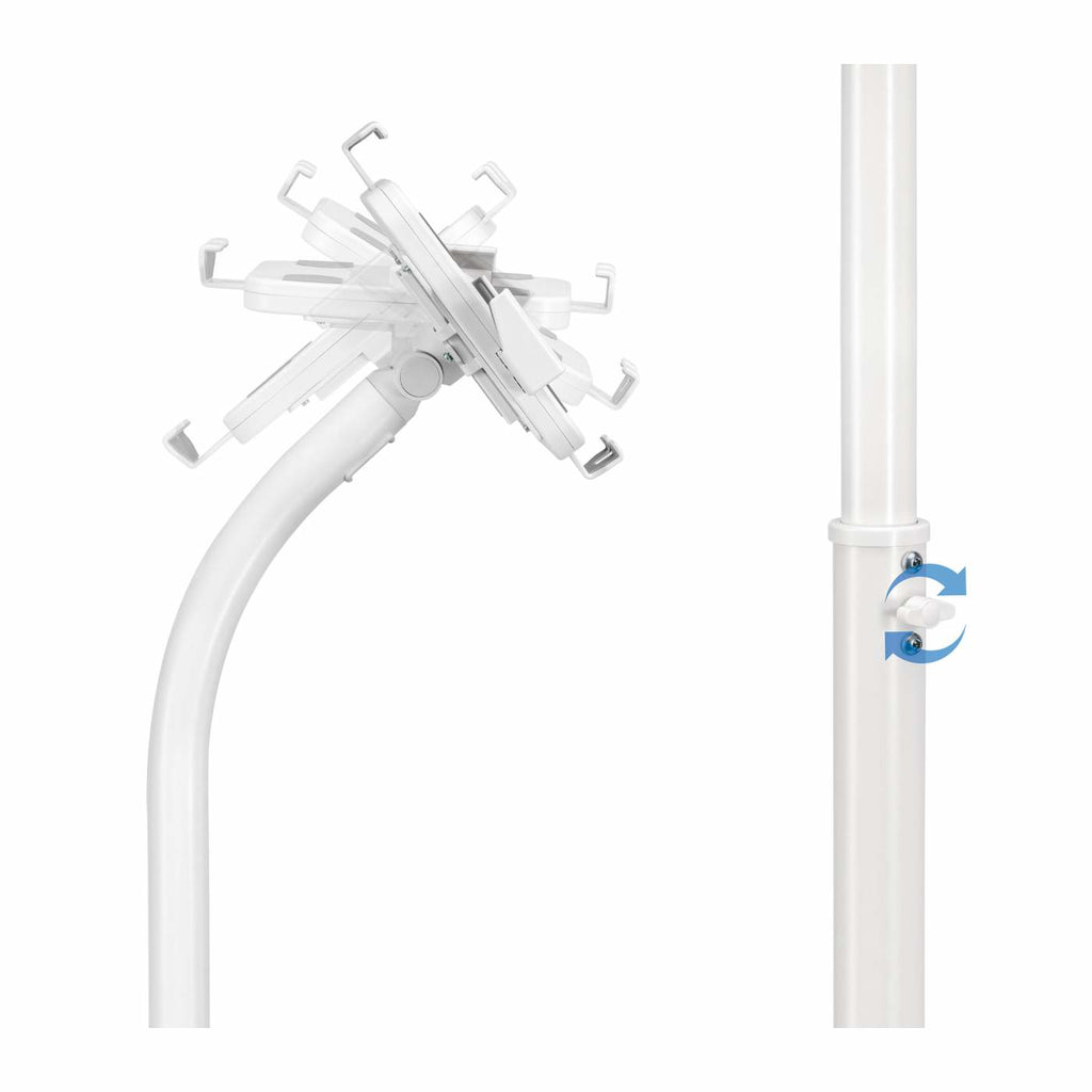 Manhattan Support de sol antivol pour tablette et iPad, universel, rotation 360°, inclinaison +20° à -110°, verrouillable, blanc, pour tablettes 7,9"–11", hauteur réglable 790 à 1190 mm, fixation à l’arrière au sol possible