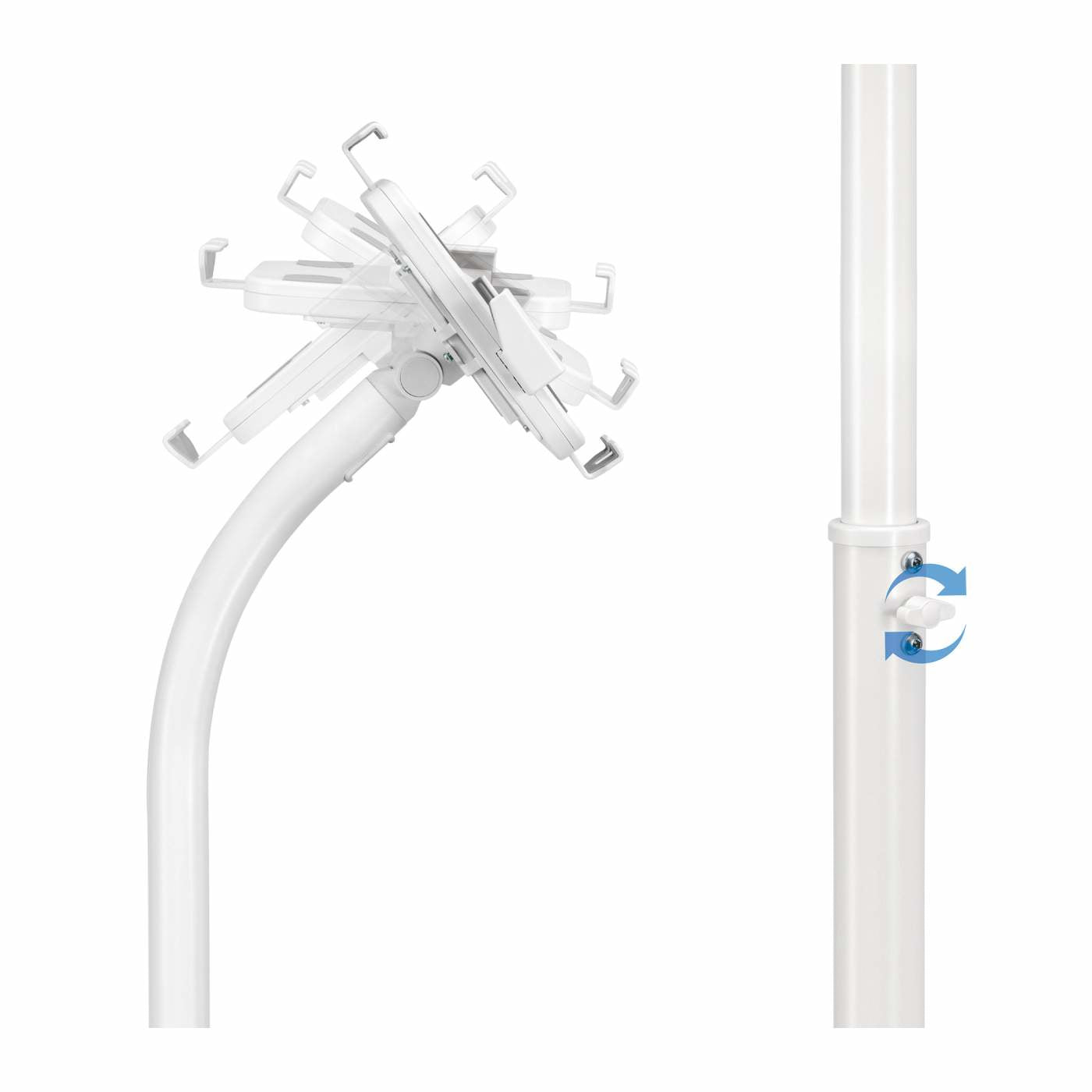 Manhattan Support de sol antivol pour tablette et iPad, universel, rotation 360°, inclinaison +20° à -110°, verrouillable, blanc, pour tablettes 7,9"–11", hauteur réglable 790 à 1190 mm, fixation à l’arrière au sol possible