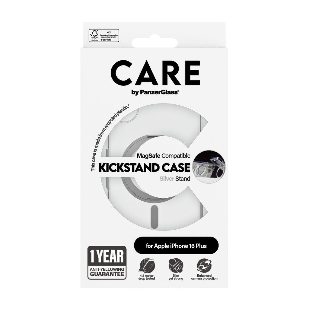 PanzerGlass CARE™ by ® Case Transparent w. Silver Kickstand & MagSafe iPhone 16 Plus coque de protection pour téléphones portables Housse