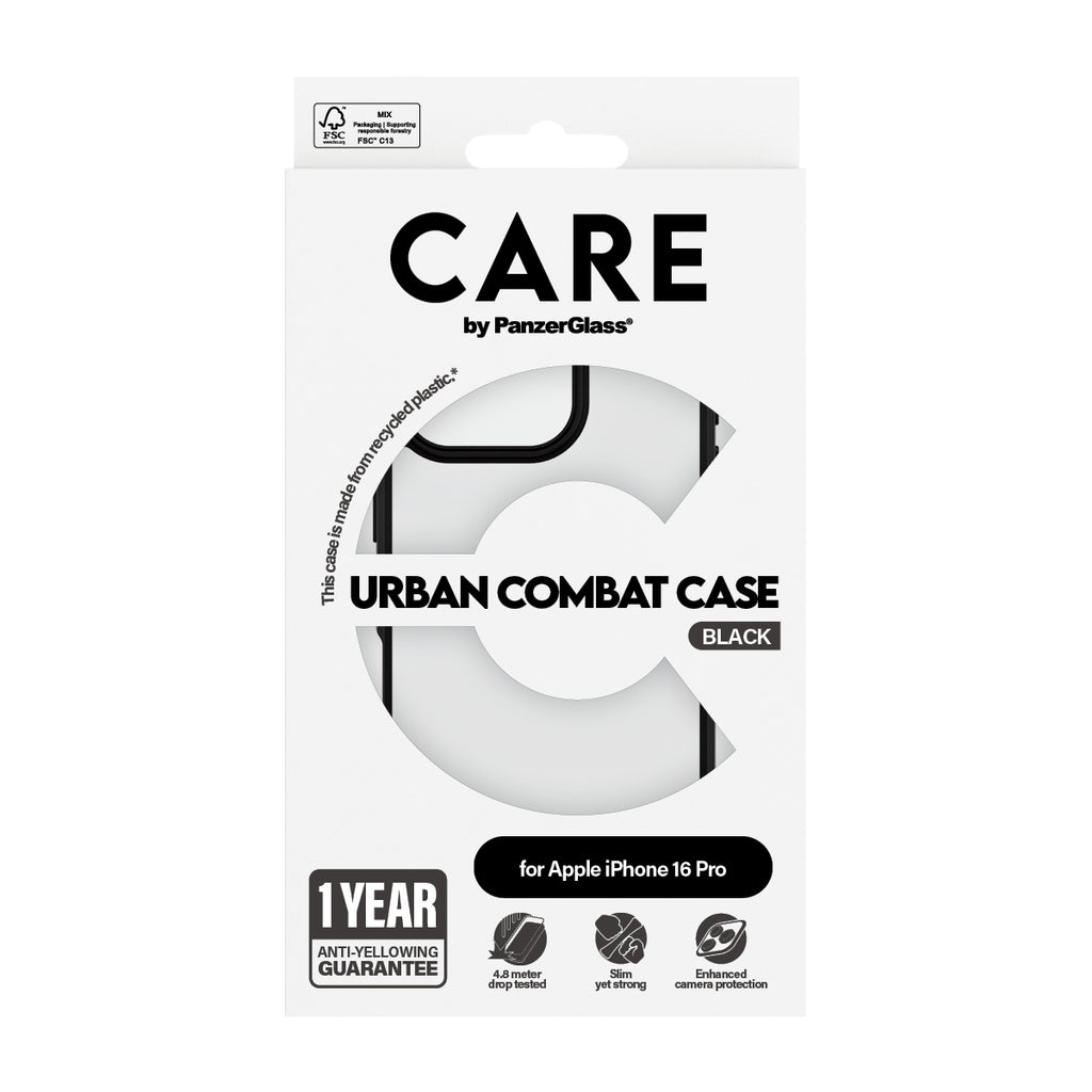 PanzerGlass CARE™ by ® Urban Combat Case Transparent w. Black Frame iPhone 16 Pro coque de protection pour téléphones portables Housse
