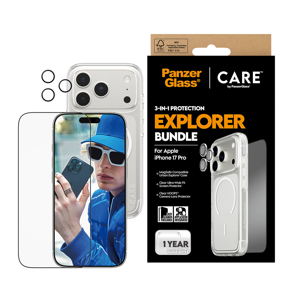 PanzerGlass CARE 3-in-1 Flagship Explorer Bundle pour iPhone 17 Pro, Protection d'écran Transparente
