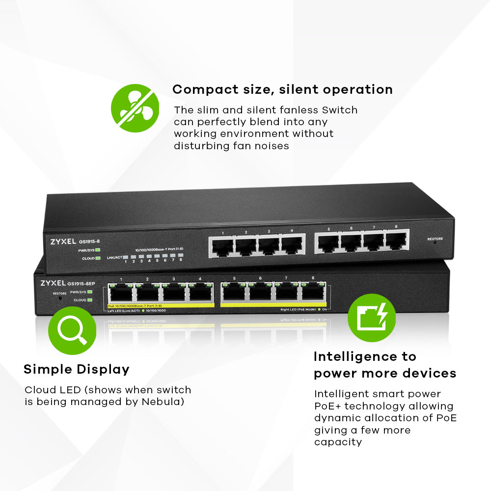 Zyxel GS1915-8EP Switch Gigabit Ethernet Géré L2 PoE, 8 Ports RJ-45, Noir