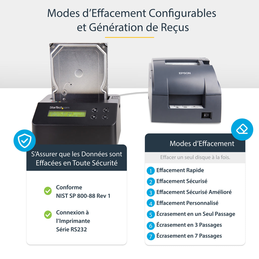 StarTech.com Effaceur de Disque Dur Baie Unique USB 3.0 vers SATA II, 9 Modes d'Effacement, Écran LCD, Conforme TAA