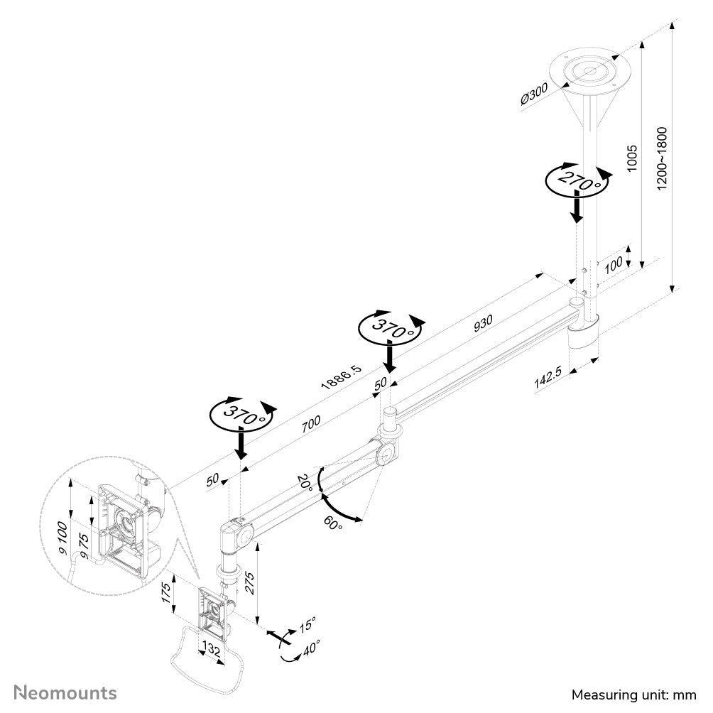Neomounts FPMA-HAC100 Support plafond pour écran médical 10-24" - h0-170 cm - ressort à gaz