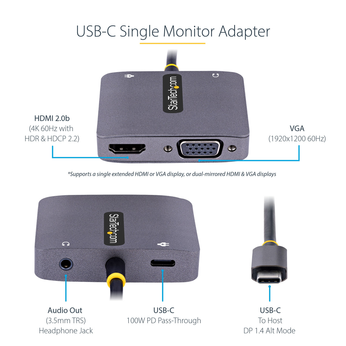 StarTech.com Adaptateur USB C vers HDMI VGA avec Sortie Audio 3,5 - Adaptateur Multiport USB C - Adaptateur USB Type-C, 4K 60Hz HDR, 100W PD 3.0 - Adaptateur Vidéo Compatible TB3/4 - Adaptateur de Voyage
