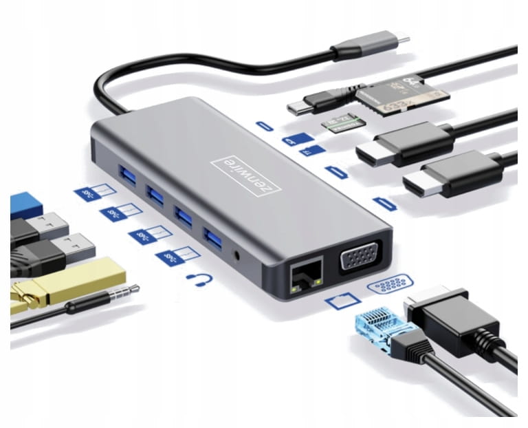 Adaptateur multiport 12-en-1 USB-C, 2x HDMI, VGA, USB 3.0, Gigabit Ethernet, BYL-2006RJ-45, mini-jack, SD, LAN, Zenwire