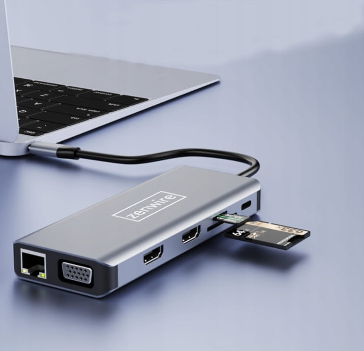 Adaptateur multiport 12-en-1 USB-C, 2x HDMI, VGA, USB 3.0, Gigabit Ethernet, BYL-2006RJ-45, mini-jack, SD, LAN, Zenwire