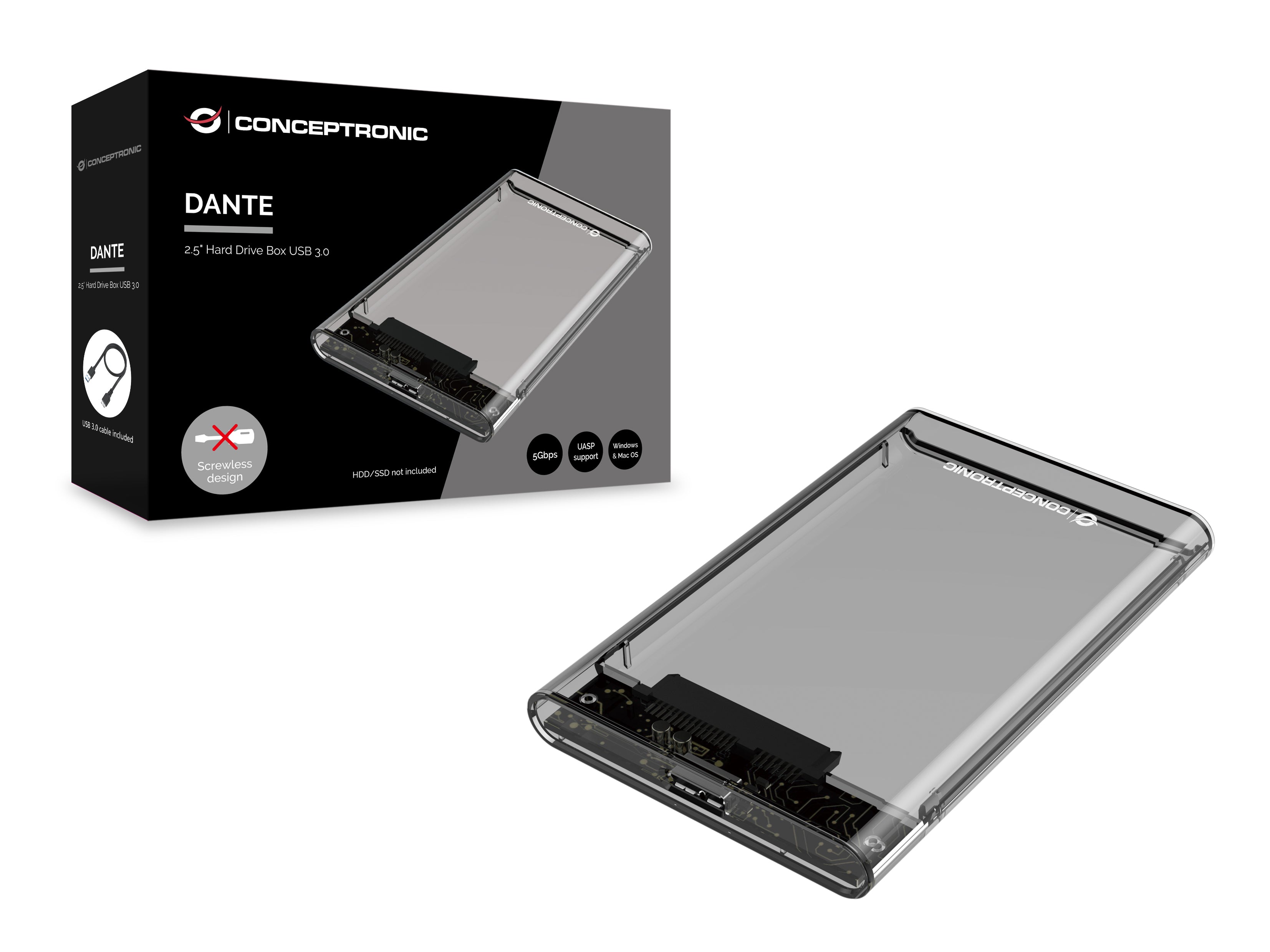 Conceptronic DANTE03T Boîtier de disques de stockage Boîtier disque dur/SSD Transparent 2.5"