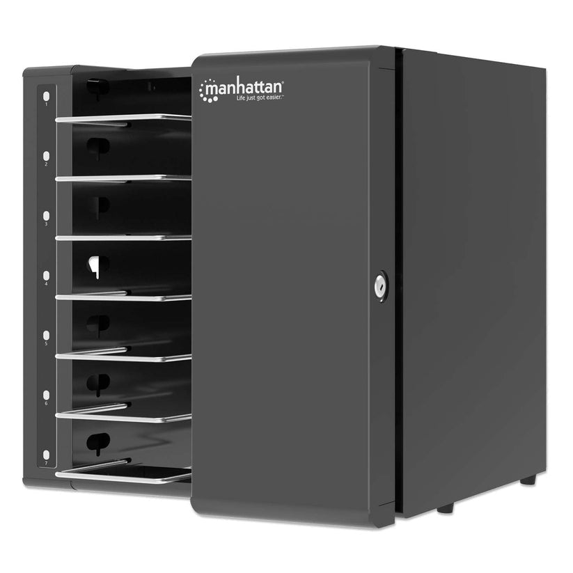 Manhattan Armoire de charge USB-C 65W de bureau 7 ordinateurs portables (jusqu’à 16"), compatible avec ordinateurs portables, iPads, MacBooks et autres appareils USB-C, compartiments 402×290×50 mm, câbles USB-C inclus, chariot, câbles d’alimentation EU/UK