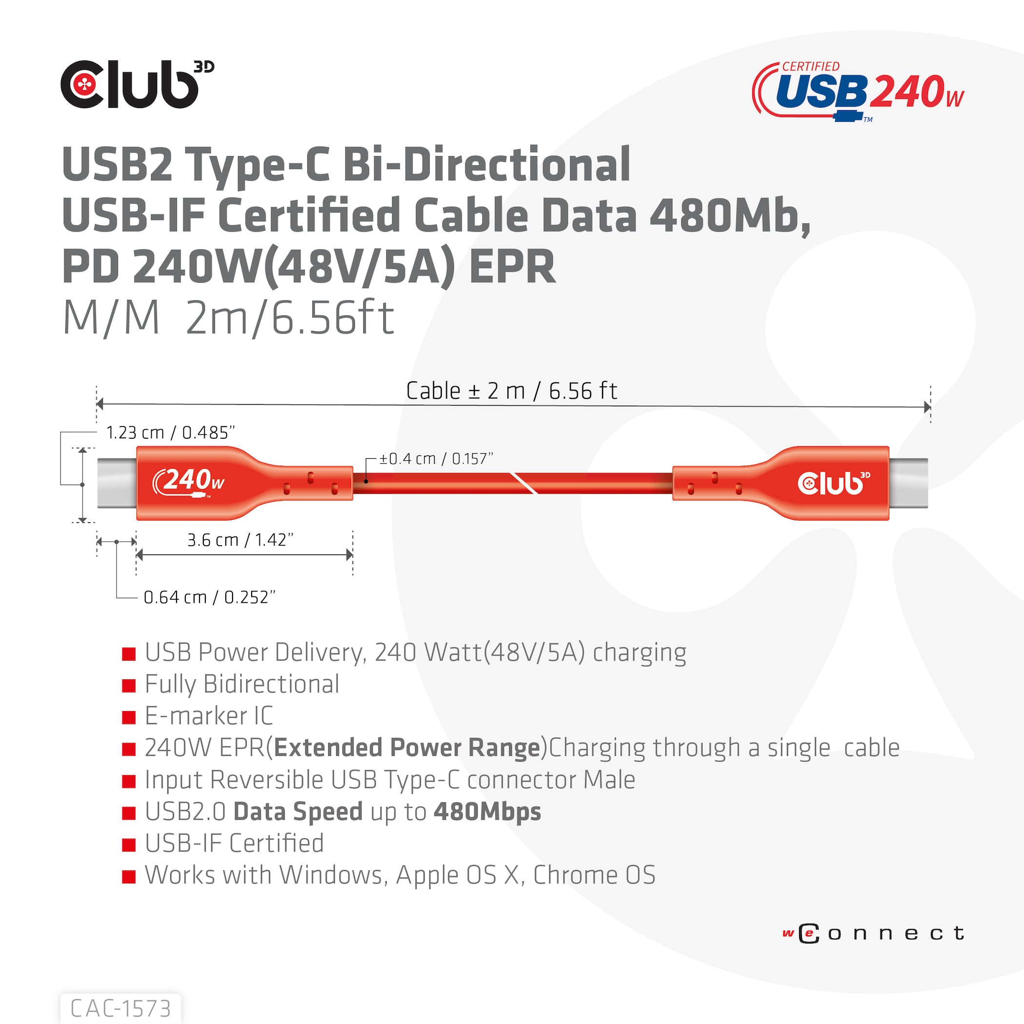CLUB3D CAC-1573 câble USB USB 2.0 2 m USB C 0,48 Gbit/s 240 W Rouge
