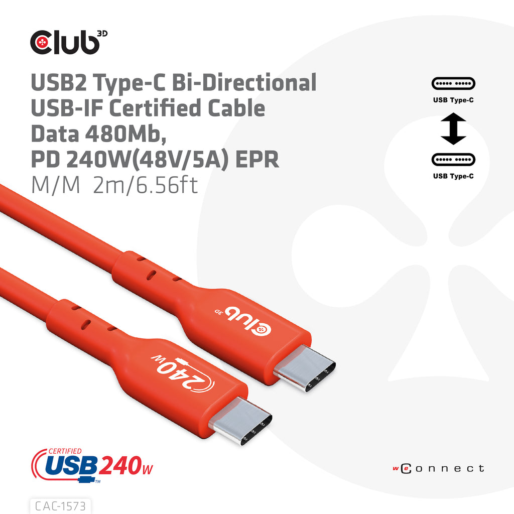 CLUB3D CAC-1573 câble USB USB 2.0 2 m USB C 0,48 Gbit/s 240 W Rouge