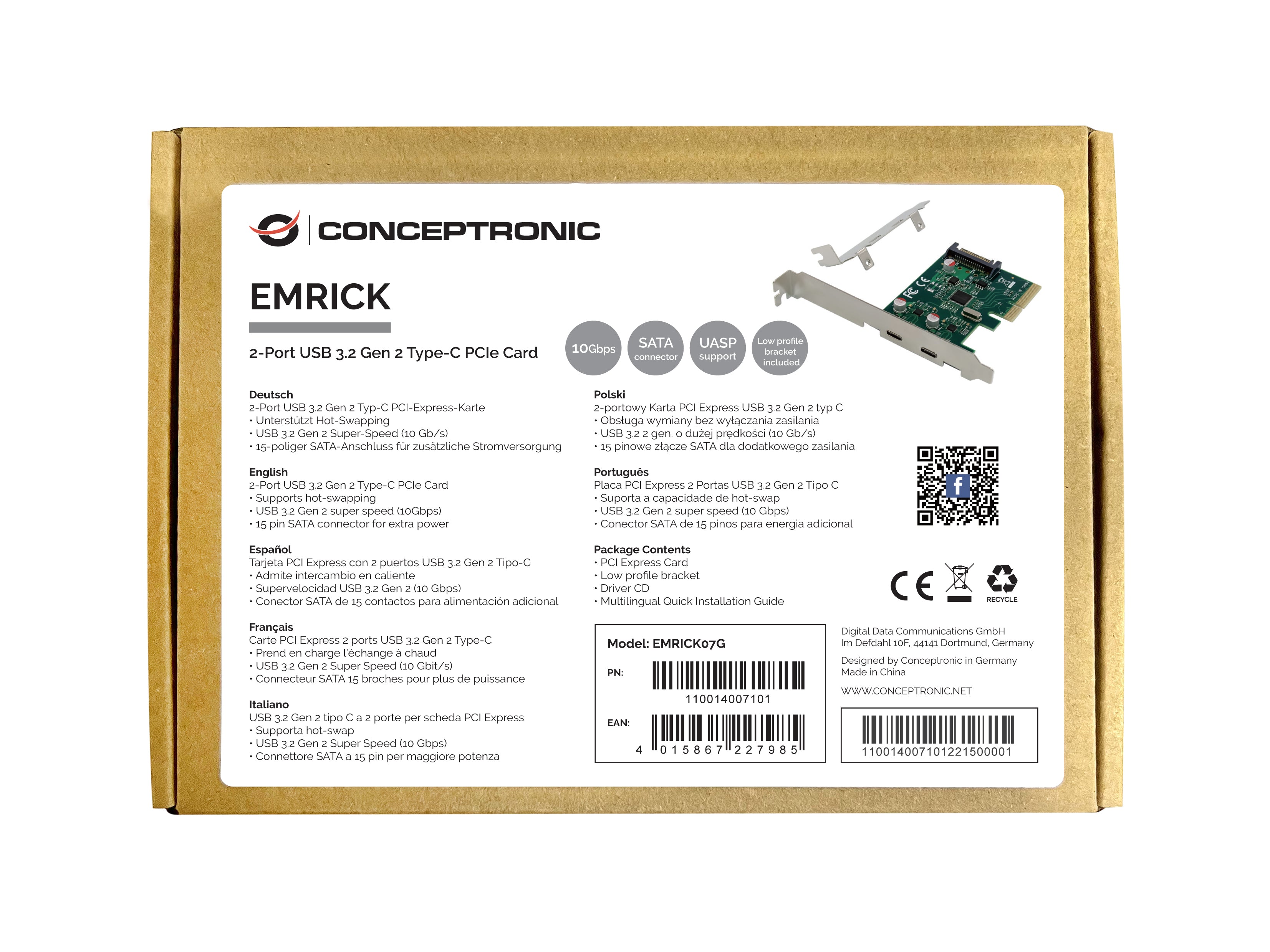 Conceptronic EMRICK07G carte et adaptateur d'interfaces Interne USB 3.2 Gen 2 (3.1 Gen 2)