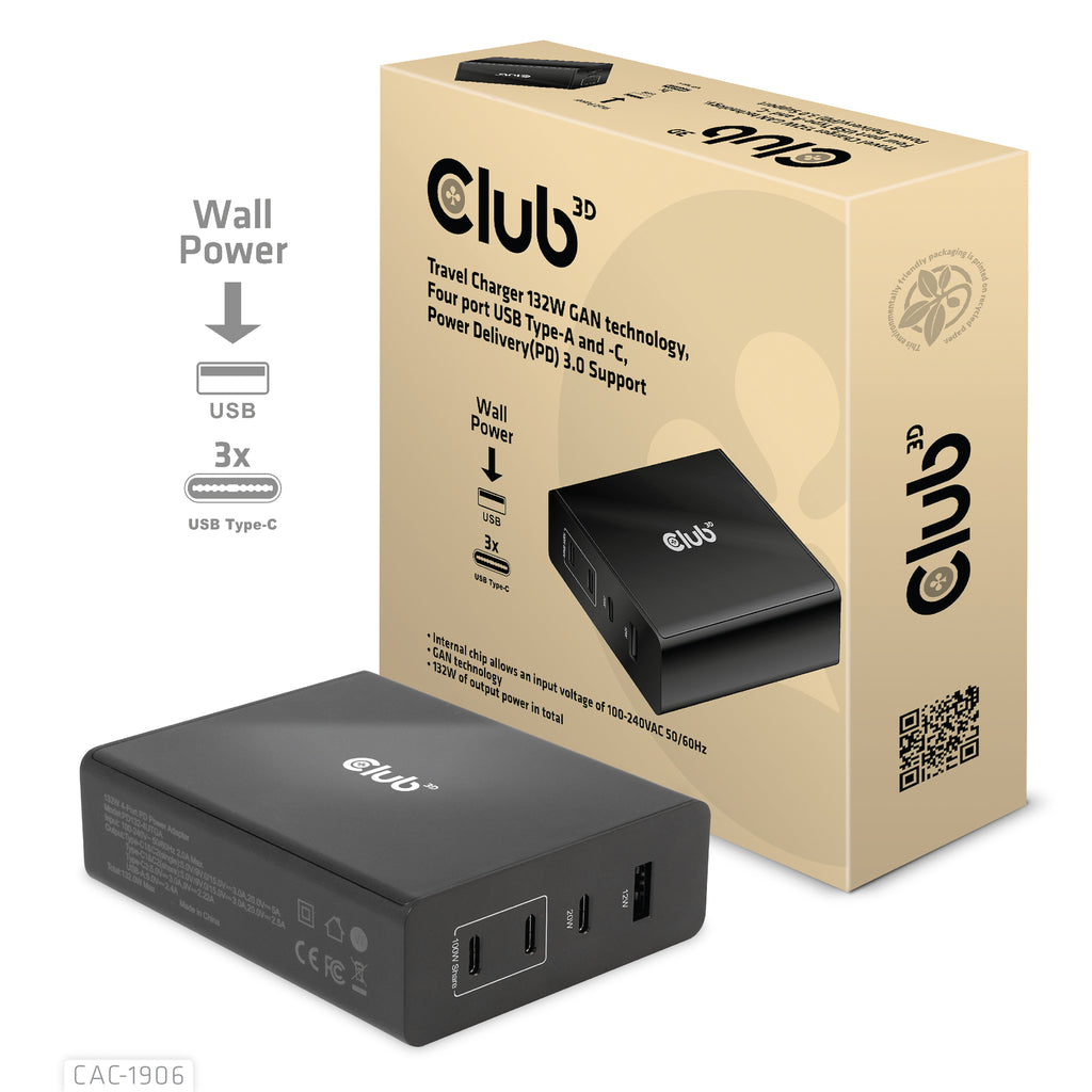 CLUB3D CAC-1906 Chargeur Universel pour Appareils Mobiles, Noir, 3 Ports USB-C