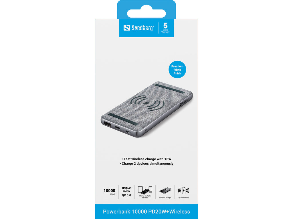 Sandberg 420-61 Batterie Externe 10000 mAh Recharge Sans Fil, Noir et Gris