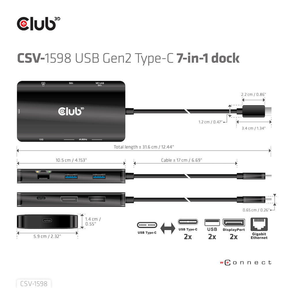CLUB3D CSV-1598 Station d'accueil USB 3.2 Gen 2 Type-C, 4K UHD 60Hz, Noir