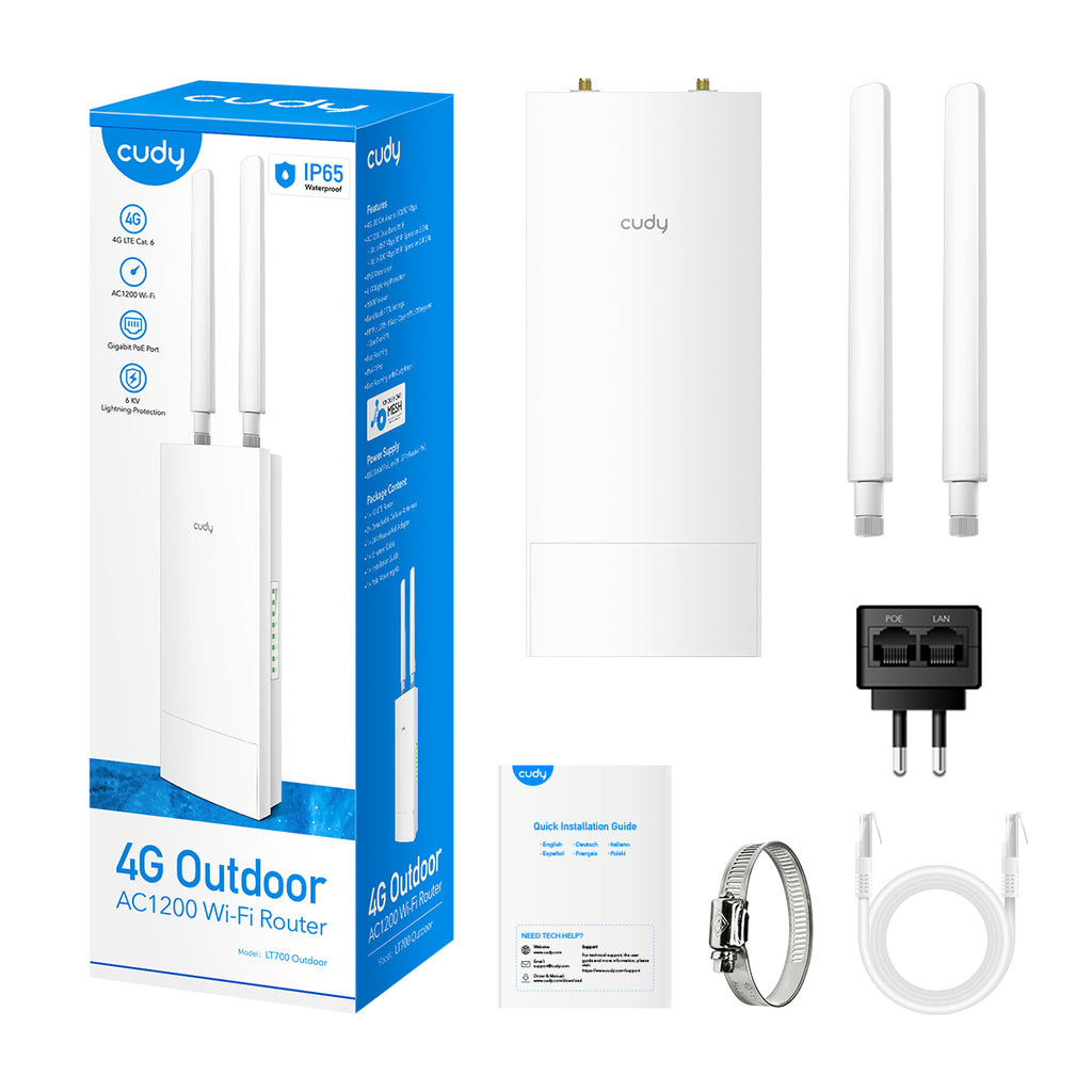 Cudy Indoor/Outdoor 4G Cat 6 AC1200 Wi-Fi Router, LT700 Outdoor 1.0 routeur sans fil Gigabit Ethernet Bi-bande (2,4 GHz / 5 GHz) Blanc