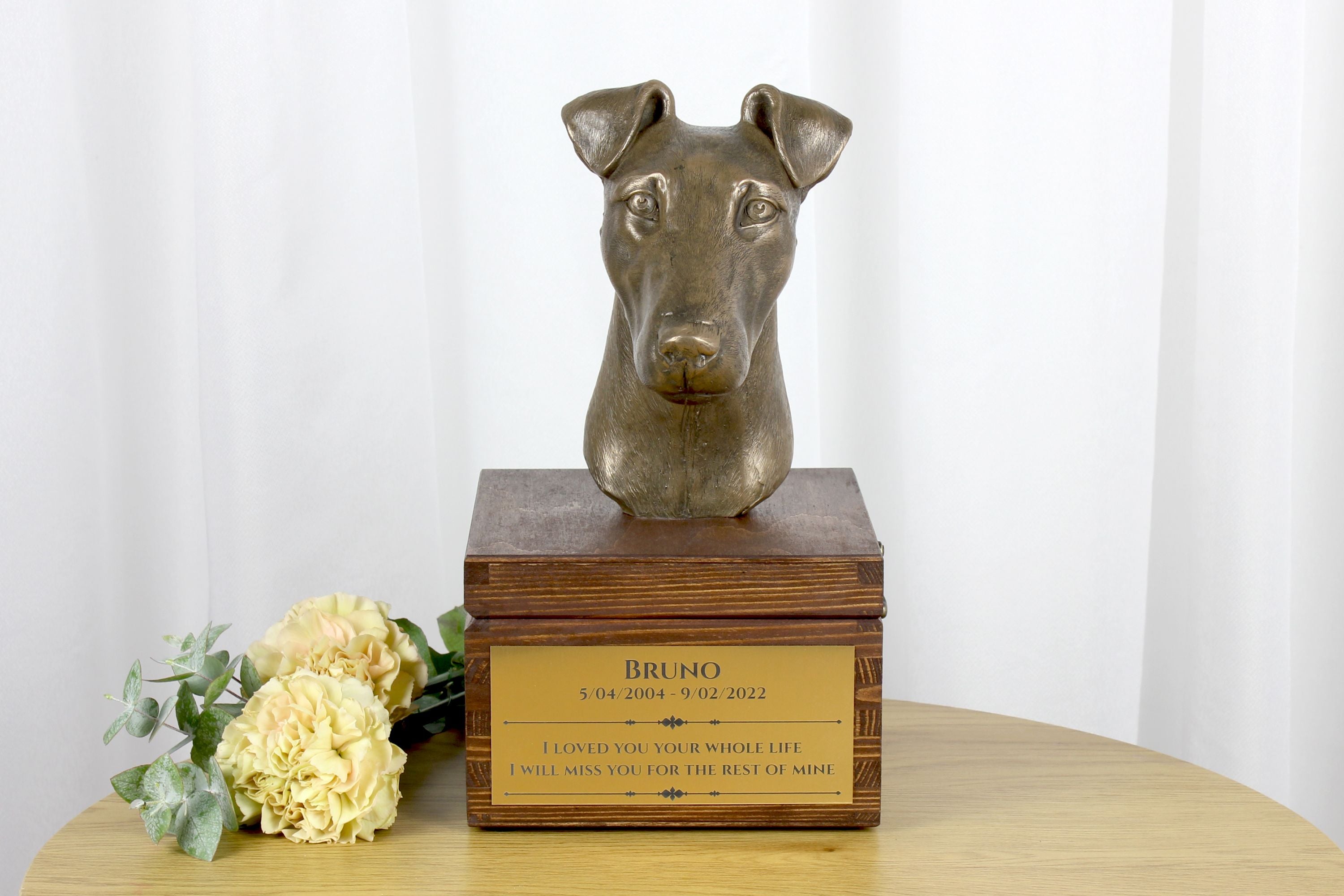 Fox Terrier Smooth - urn for dog ashes with a statuette, small urn for a dog, personalized urn with a bust of a dog by Art-Dog brand