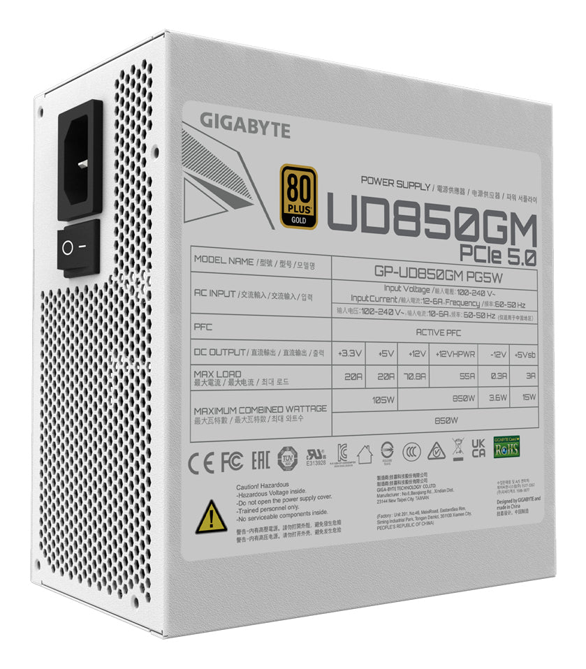 GIGABYTE UD850GM PG5W Bloc d'Alimentation - PCIe 5.0, 80 PLUS Gold, Design entièrement modulaire, Ventilateur 120 mm, Compatible ATX 3.0, Prise EU