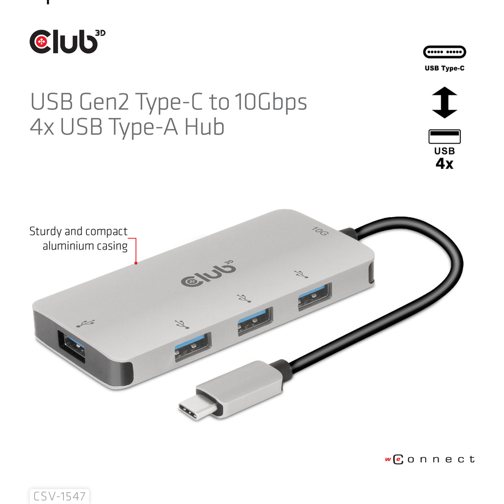 CLUB3D Hub USB-C vers 4 ports USB-A, Transfert Rapide 10Gbps