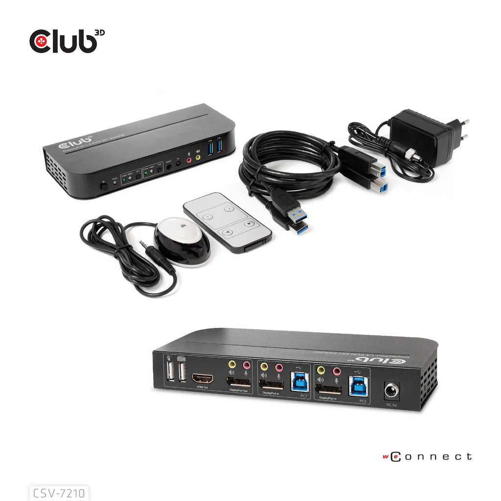 CLUB3D CSV-7210 Commutateur KVM Écran, Clavier et Souris, 4K Ultra HD, Noir