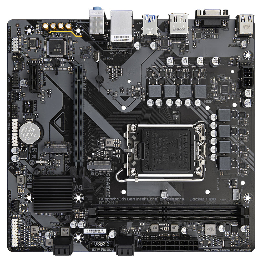 GIGABYTE B760M E Carte mère - Compatible avec les processeurs Intel Core 14ᵉ génération, VRM 6+1+1 phases, jusqu'à 7200 MHz DDR5 (OC), 2xPCIe 4.0 M.2, LAN 1 GbE, USB 3.2 Gen 1