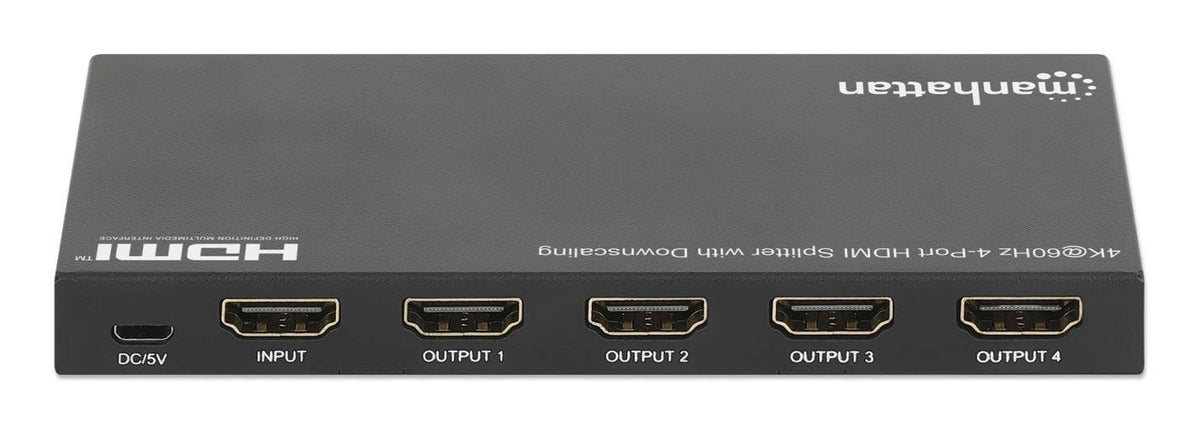 Manhattan Splitter HDMI 4 ports avec downscaling, 4K@60 Hz, distribue 1 entrée HDMI vers 4 sorties (même signal), bouton de conversion 4K vers 1080p, inclut câble Micro-USB vers USB-A (0,8 m), noir - vue 6