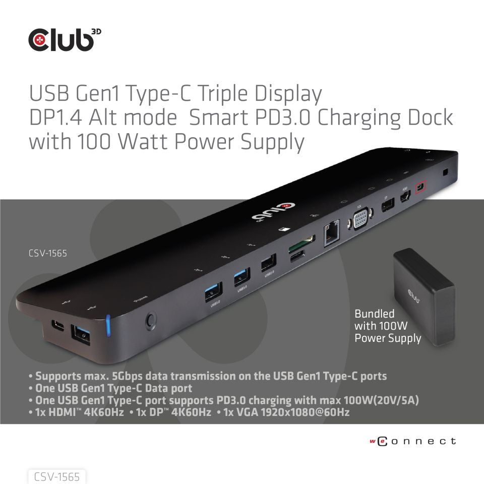 CLUB3D CSV-1565 Station d'accueil USB 3.2 Gen 1 (3.1 Gen 1) Type-C, Noir