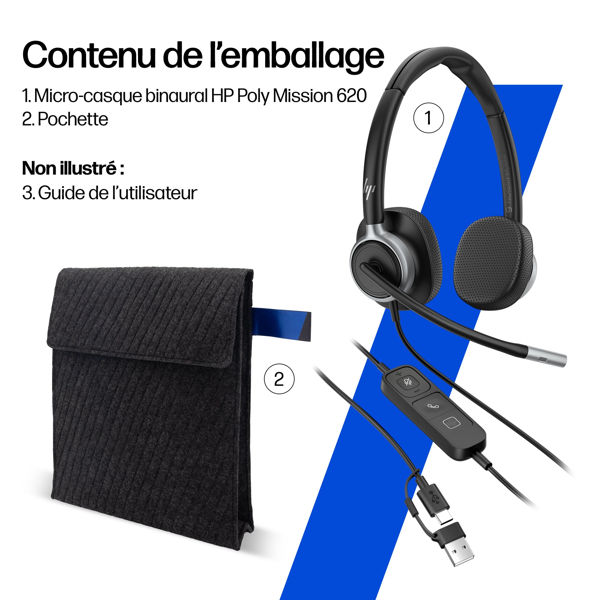 HP Poly Micro-casque filaire USB binaural Mission 625 (en vrac)