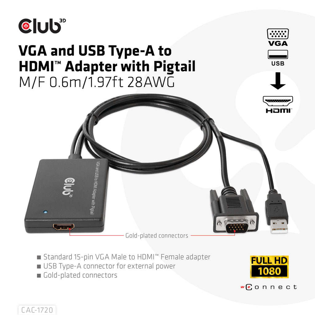 CLUB3D CAC-1720 Adaptateur Câble HDMI vers VGA avec USB, 0,6 m, Noir