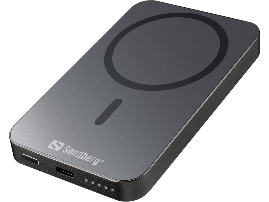 Sandberg Mag Wireless Powerbank 5000 ALU, Batterie Externe Magnétique 5000 mAh, Charge Rapide 20W USB-C et Sans Fil 15W,