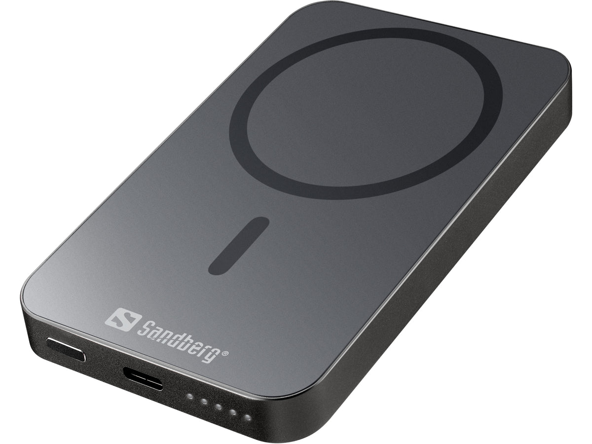 Sandberg Mag Wireless Powerbank 5000 ALU, Batterie Externe Magnétique 5000 mAh, Charge Rapide 20W USB-C et Sans Fil 15W,