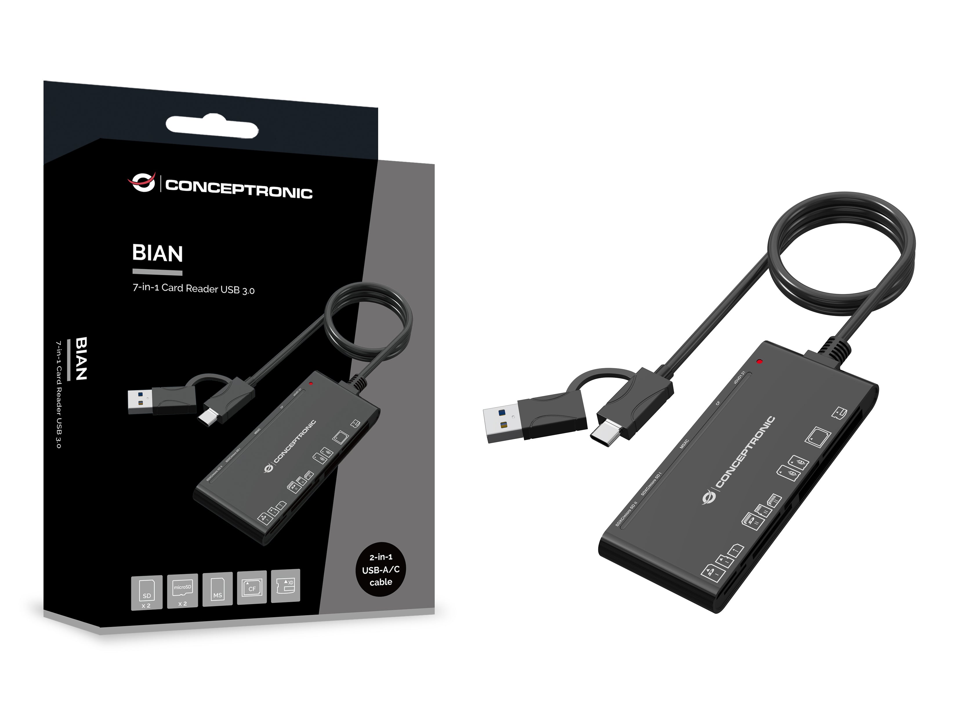 Conceptronic BIAN10B lecteur de carte mémoire USB 3.2 Gen 1 (3.1 Gen 1) Type-A/Type-C Noir