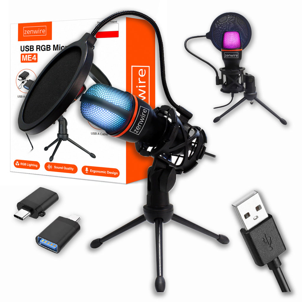 Microphone à condensateur de studio pour PC gaming, RGB, USB-C, USB 3.0, Zenwire ME4