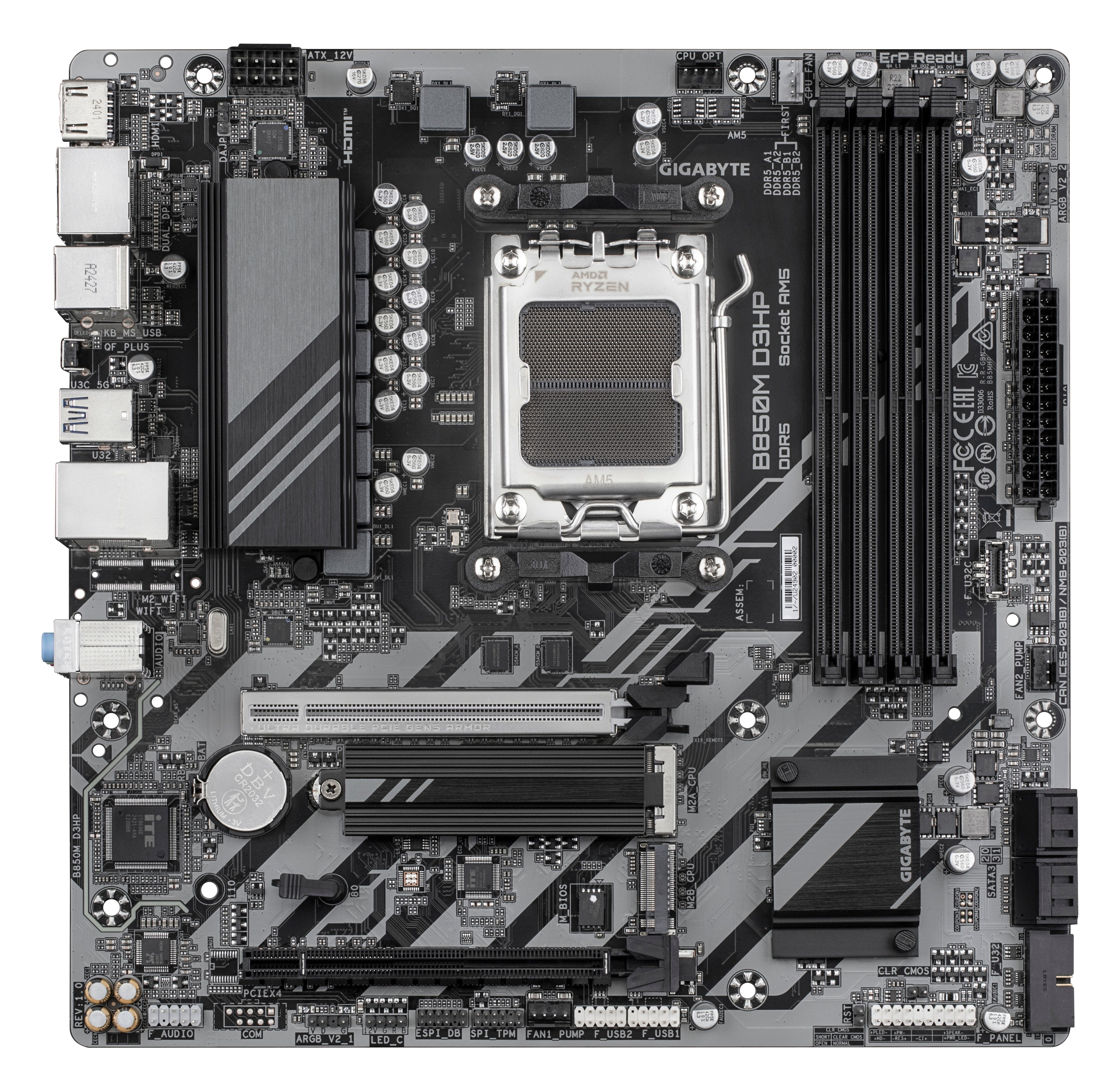 GIGABYTE B850M D3HP Carte Mère - Processeurs AMD Ryzen Série 9000, 5+2+2 phases VRM numériques, jusqu'à 8200MHz DDR5 (OC), 1xPCIe 5.0 + 1xPCIe 4.0 M.2, LAN GbE, USB 3.2 Gen 2