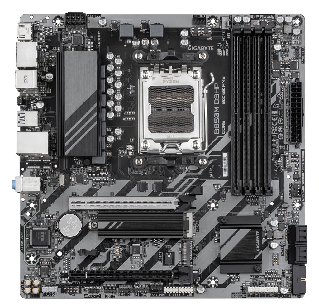 GIGABYTE B850M D3HP Carte Mère - Processeurs AMD Ryzen Série 9000, 5+2+2 phases VRM numériques, jusqu'à 8200MHz DDR5 (OC), 1xPCIe 5.0 + 1xPCIe 4.0 M.2, LAN GbE, USB 3.2 Gen 2