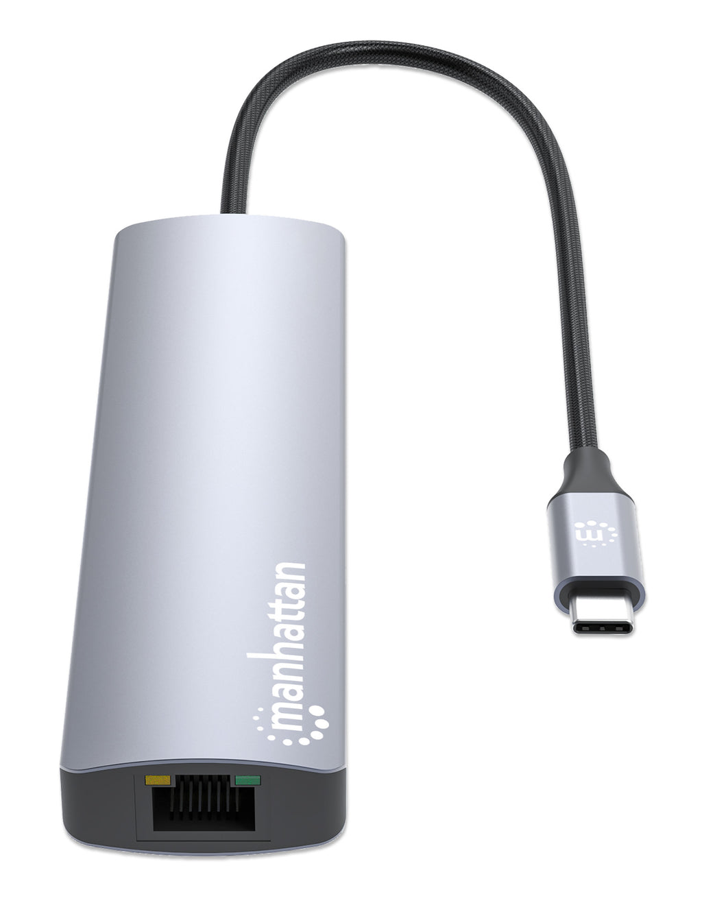 Manhattan Dock/hub USB-C avec lecteur de cartes, 5 ports : Ethernet, HDMI, 2x USB-A + USB-C, avec Power Delivery (PD) 100 W - nécessite un chargeur USB-C externe (non inclus). Alimenté par USB (aucune alimentation externe requise) lorsque le PD n’est