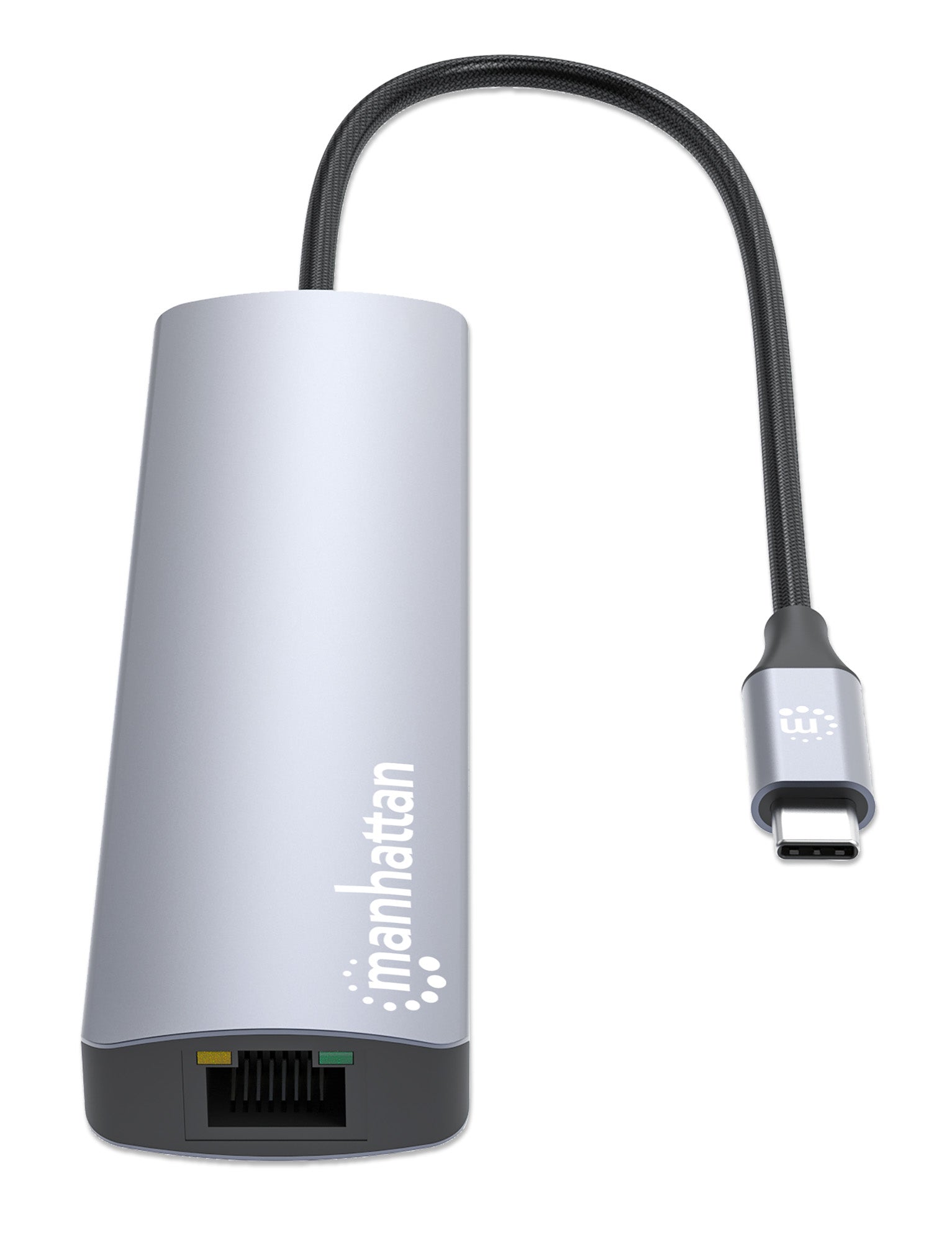 Manhattan Dock/hub USB-C avec lecteur de cartes, 5 ports : Ethernet, HDMI, 2x USB-A + USB-C, avec Power Delivery (PD) 100 W - nécessite un chargeur USB-C externe (non inclus). Alimenté par USB (aucune alimentation externe requise) lorsque le PD n’est
