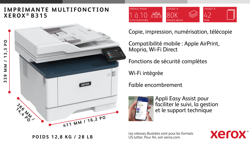 Xerox B315 Imprimante Multifonction A4 Sans Fil, 40 ppm, Recto Verso, Copie, Numérisation, Télécopie