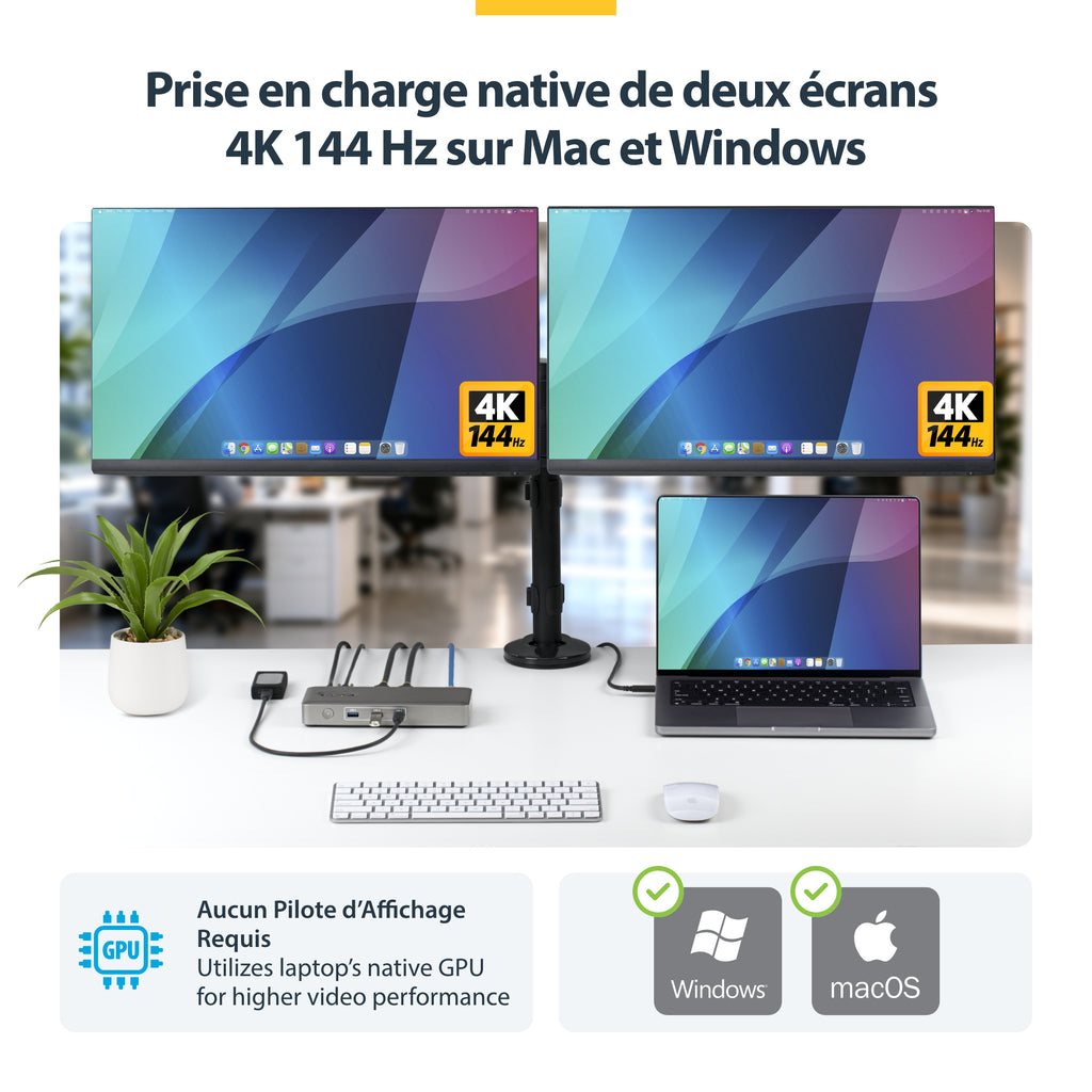StarTech.com Station d'Accueil USB4 Double Sortie 4K, Chargeur 100W et 2,5GbE pour macOS et Windows