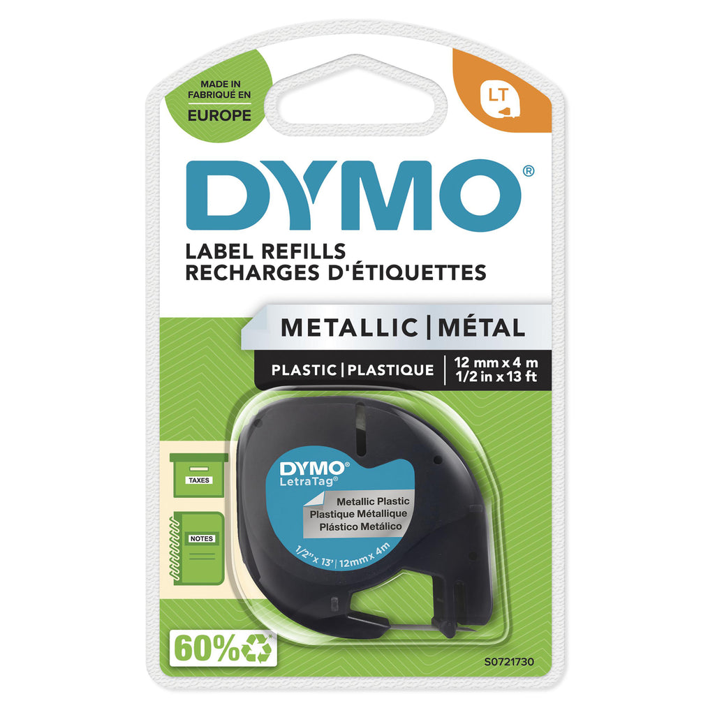 DYMO LetraTag Étiquettes Métallique Authentique | 12 mm x 4 m | Noir sur Argent | Étiquettes autocollantes pour étiqueteuse LetraTag