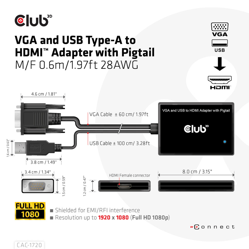 CLUB3D CAC-1720 Adaptateur Câble HDMI vers VGA avec USB, 0,6 m, Noir