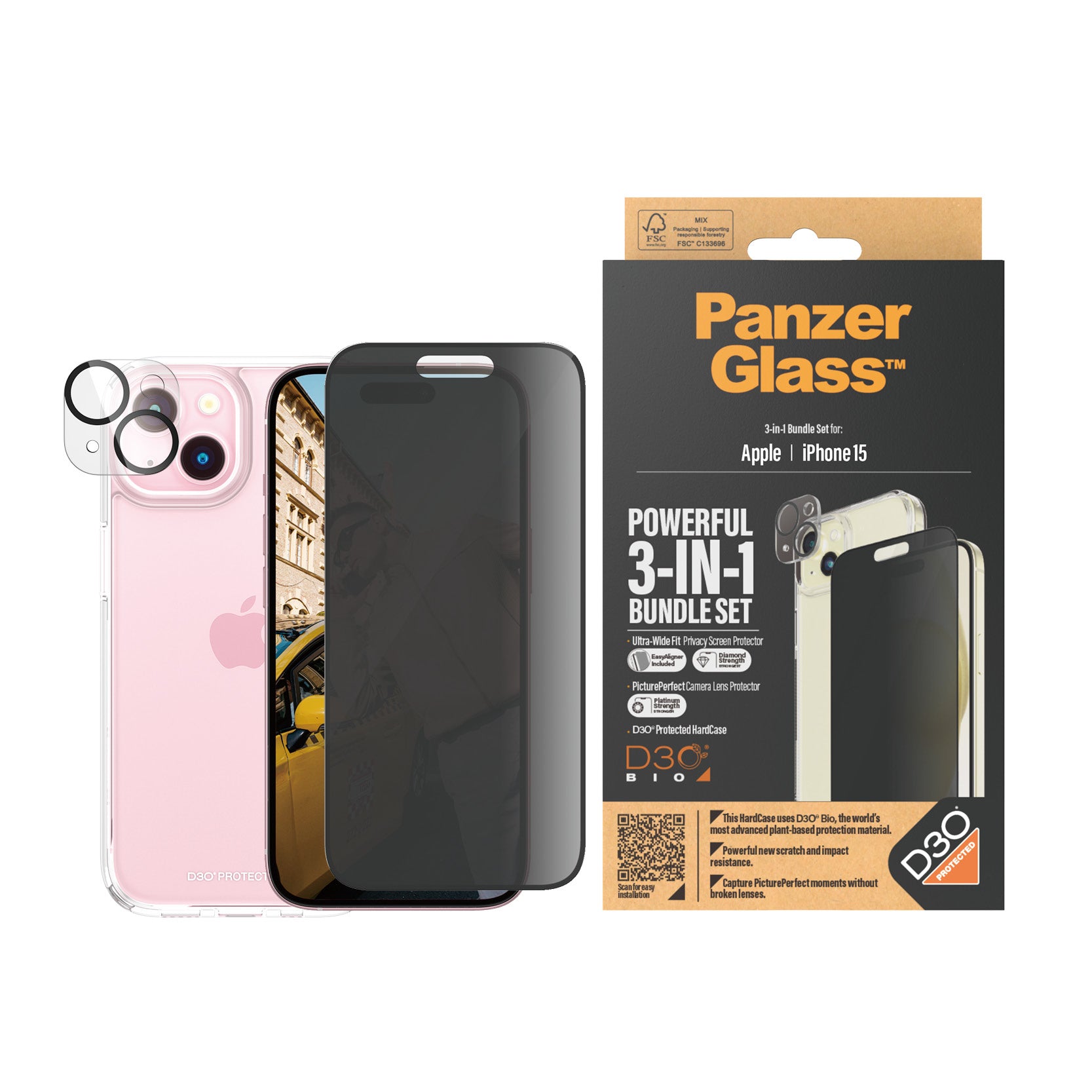 PanzerGlass ® 3-in-1 Privacy Bundle iPhone 15 Protection d'écran transparent Apple 1 pièce(s)