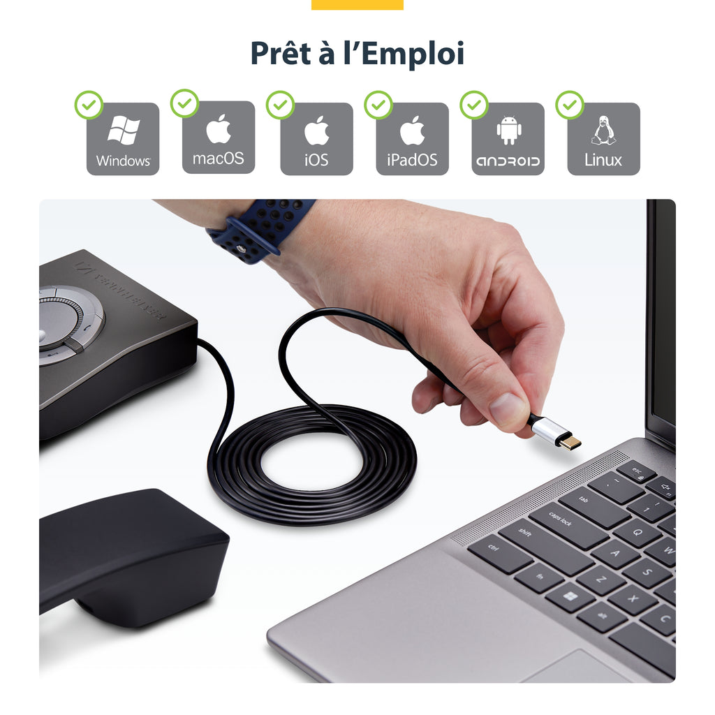 StarTech.com Adaptateur USB-C vers RJ9 pour Combiné Téléphonique et Casque, 1,8m