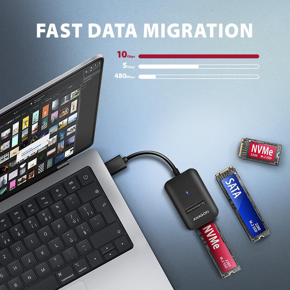 Axagon ADM2-AM USB-A 10Gbps - M.2 NVMe & SATA SSD adaptér, kabelis USB-A 10cm Enceinte ssd Noir
