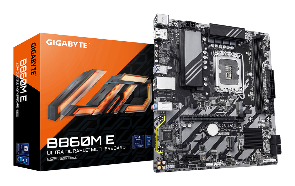 GIGABYTE B860M E Carte Mère - Processeurs Intel Core Ultra Series, VRM 4+1+2 phases, jusqu’à 8800MHz DDR5 (O.C), 2xPCIe 4.0 M.2, LAN 1GbE, USB 3.2 Gen 1