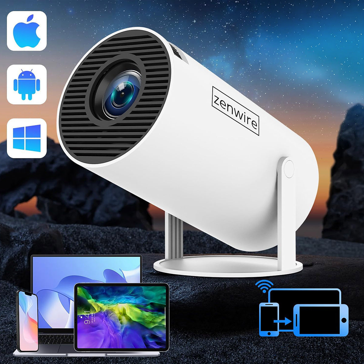 Mini-projecteur portable Android 13 avec Wi-Fi, projection rotative, Full HD 4K, Bluetooth, correction automatique de la distorsion 4D, Zenwire R1 360